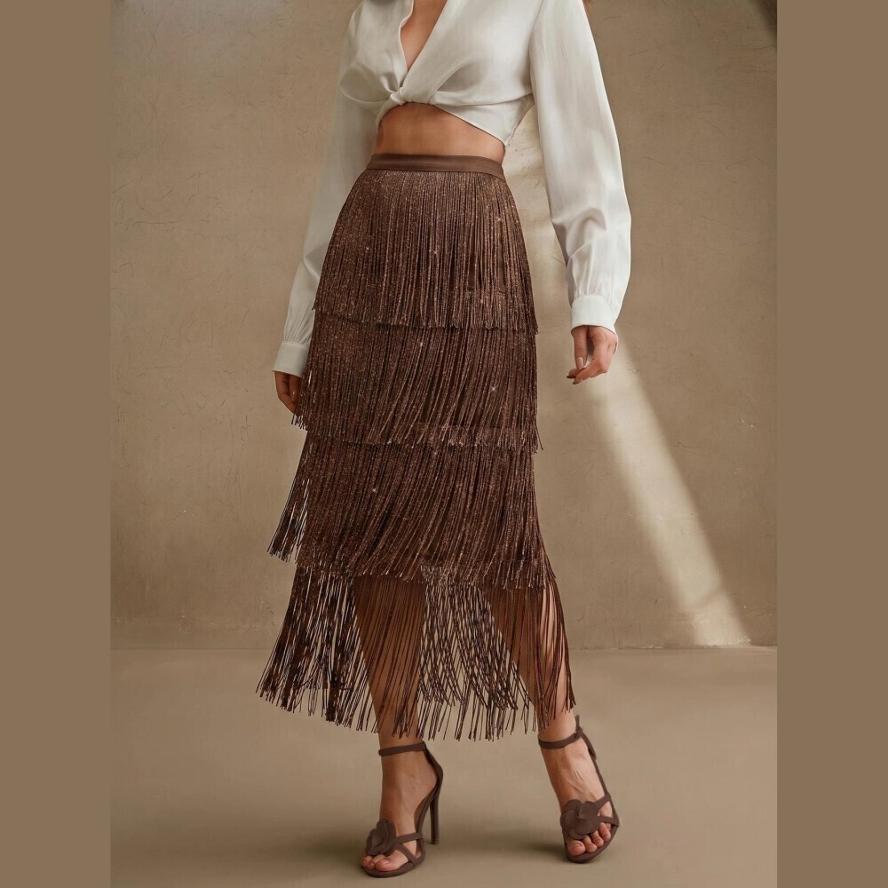 Bronze Sparkle Tiered Fringe Satin Long Skirt with Elastic Waistband